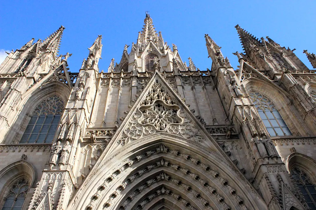 Main portal of Barcelona cathedral and details of the neo-Gothic facade
