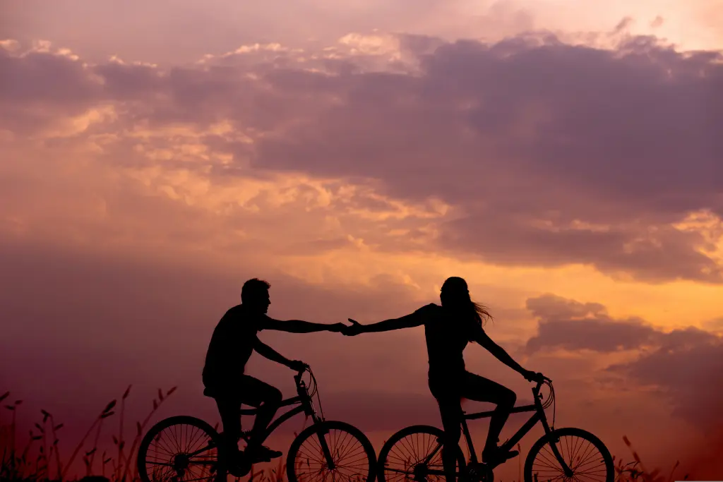 Nightly rearview of couple with mountain bikes kissing on a hill, watching night landscape with stars