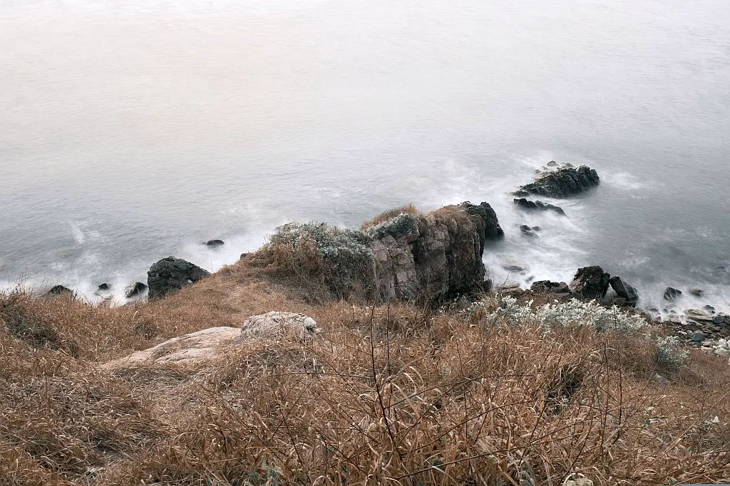 Couple in rain gear sitting on a windy, mossy rock looking out at the stormy sea