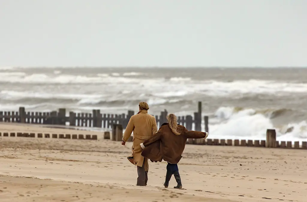 Couple at beach sitting on a log, looking at the sea