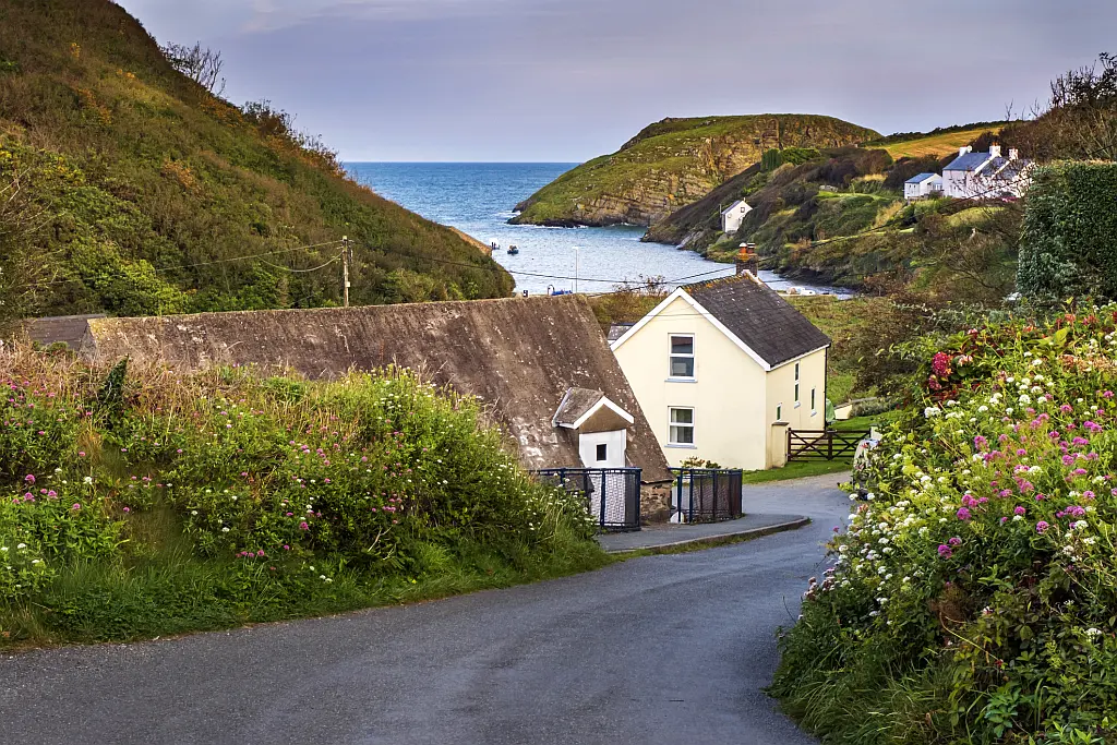 White little cottages with green lawn and mountains as backdrop
